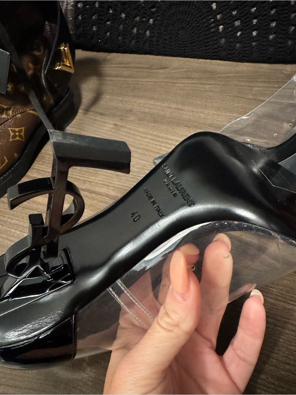 Saint Laurent Black Patent & Clear PVC Pointed Toe Pump with YSL Logo Heel - Picture 5 of 10